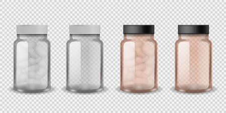 Medical bottles. Realistic plastic pill full and empty bottle set, vitamin capsule in transparent container front view, antibiotic or painkiller pharmacy drug packaging mockup vector isolated templateのイラスト素材