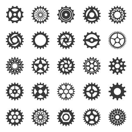 Gears. Transmission cogwheel movement black silhouette collection, connecting mechanism cog system set, automobile mechanical engine structure component app circle button graphic vector isolated iconsのイラスト素材