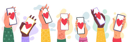 Sharing love hands with phones. Dating apps with hearts display, partner search mobile technology, remote romantic relationship, getting likes social media communication cartoon vector isolated setのイラスト素材
