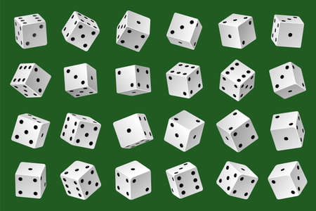Dices template. Gambling game white 3d cubes with black pips different angles and combinations, online casino random number generator. 24 variations loss dice. Vector realistic isolated on green setのイラスト素材