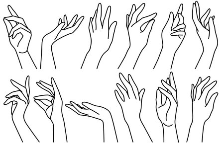 Woman hands line. Outline drawn female different position elegant beauty hands icons collection, trendy minimalistic illustration. Simple fashion logo tattoo design manicure symbol vector isolated setのイラスト素材
