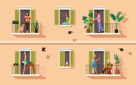 Balcony with people. Persons communicate, relax, playing music and doing yoga on balconies, apartment building characters in flats quarantine period covid-19 pandemic, stay home flat vector conceptのイラスト素材