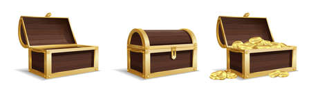 Three large chests. Empty closed chest pile of bright golden coins inside vintage wooden trunk, medieval mystery pirate treasure, prize profit or success symbol vector isolated set on white backgroundのイラスト素材