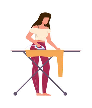 Woman ironing clothes. Female character with electric iron, housework cleaning company service, household activities housekeeping concept flat simple modern vector cartoon isolated illustrationのイラスト素材