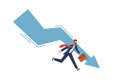 Panic businessman try stopping falling arrow. Business bankruptcy and unpaid loan debt company startup collapse, losing money and financial problem economic crisis concept vector illustration on whiteのイラスト素材