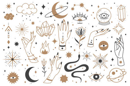 Mystic line elements. Magic contour icons hand drawn doodle minimalistic witch fairy golden symbol and mysterious objects, hands and cristal, snake and moon, star and clouds vector isolated collectionのイラスト素材