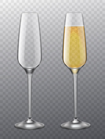 Champagne glass. Full and empty glasses with white sparkling wine wedding, birthday and christmas celebration symbol, 3d realistic elegance wineglasses vector isolated on transparent background mockupのイラスト素材