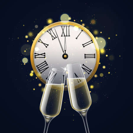 Happy new year with champagne glasses. Clinking sparkling crystal wine in luxury realistic 3d wineglasses with midnight retro clock and bokeh effect, party invitation vector card or poster on blackのイラスト素材