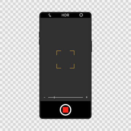 Camera screen interface on realistic smartphone. Mobile video and photo application design, camera viewfinders on black phone, photography snapshot display.のイラスト素材