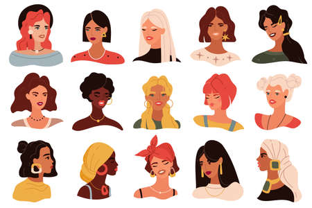 Female portrait. Women trendy images collection, modern multi ethnic girls heads icons, profile and full face with different hairstyles. Blonde, brunette and red hair girls vector isolated avatar setのイラスト素材