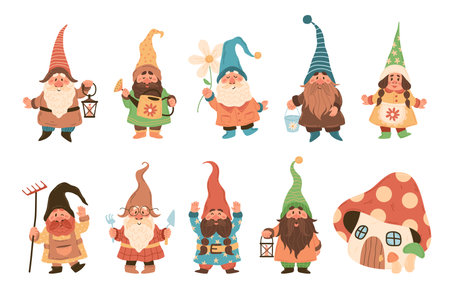 Gnome characters. Cute festive dwarfs with different attributes decoration yard collection, funny...