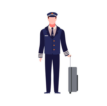 Pilot. Young capitan airplane. Male aircraft staff in dark blue uniform and hat with luggage, commercial journey trip and travel aviator, aviation profession flat vector cartoon isolated characterのイラスト素材
