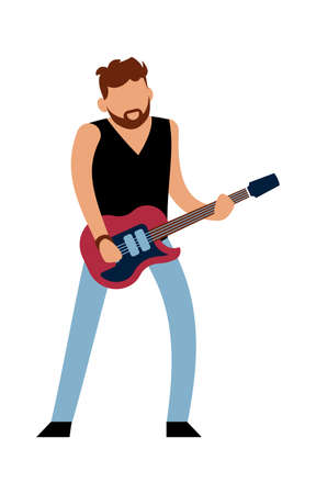 Rock or pop musician. Cartoon male guitarist character in jeans with red electric guitar plays melody, music show entertainment and hobby leisure activity concept vector cartoon isolated illustrationのイラスト素材
