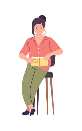 Woman reading modern literature. Female character sitting on chair with book, smart student girl study knowledge with textbook, self education and library concept vector cartoon isolated illustrationのイラスト素材