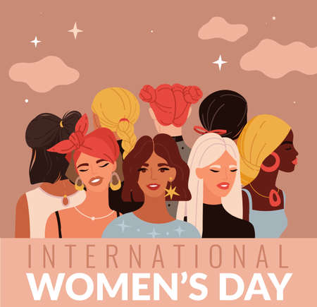International women day. Young ladies different nationalities, female greeting card, variety hairstyles heads, multiethnic girls portrait, girl power and sisterhood concept. Vector holiday posterのイラスト素材