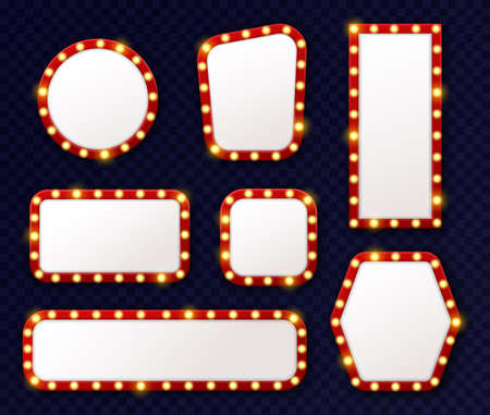 Retro light frames. 3d realistic luminous vintage frames with glowing light bulbs perimeter around, cinema, theatre and casino elements, mirror with lamps, signboard or advertise vector isolated setのイラスト素材