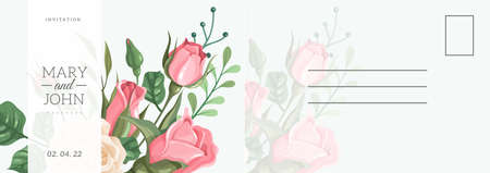 Wedding postcard. Romantic card with elegant pink rose flowers and leaves, summer bouquet botanical letter template with copy space floral design invitation and greeting hand drawn vector illustrationのイラスト素材