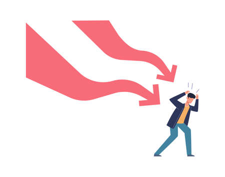 Falling down business graph. Panic businessman afraid arrow, bankruptcy and unpaid loan debt, company collapse losing money, financial problem economic crisis concept vector cartoon isolated characterのイラスト素材
