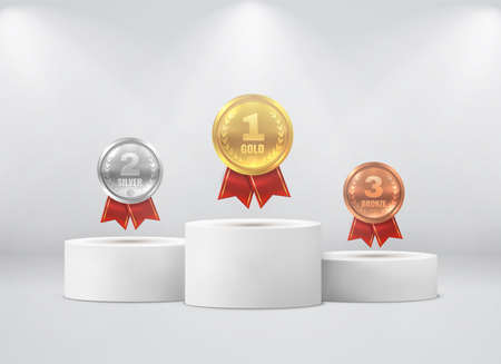 Medals on pedestal. First, second, third place on white cylinder podium under spotlights realistic mockup. Gold silver bronze round coins with red ribbon on stages, award ceremony vector 3d conceptのイラスト素材