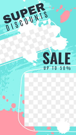 Editable stories background for social media. Super discount and sale web poster, template transparent layers turquoise stains and pink splashes advertisement flyer vector illustration with copy spaceのイラスト素材