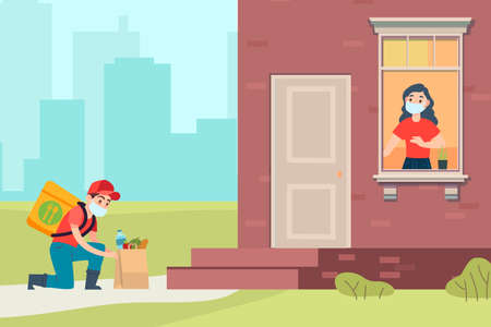 Contactless grocery delivery concept. Products bag near door, courier and woman in medical masks, express shipping food, shopping service during covid-19 pandemic, cartoon flat vector illustrationのイラスト素材