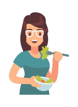 Woman eating healthy tasty meal. Girl eats fresh salat, hungry female character with bowl, diet food lunch or dinner time promotion vegan cafe and restaurant, cartoon flat vector isolated illustrationのイラスト素材