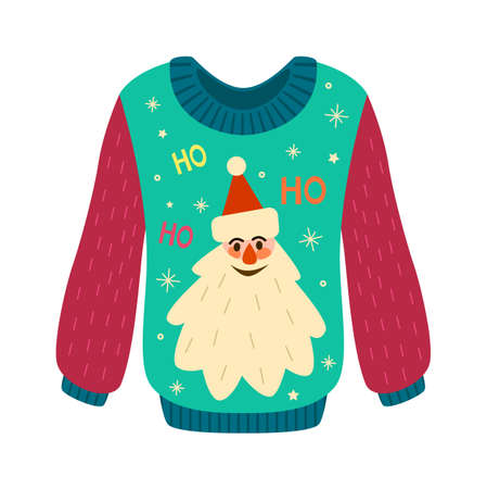 Christmas sweater with ugly print. Woolen jumper with Santa Claus pattern, pullover stylish winter holiday season design collection, hand drawn isolated vector doodle modern cute cozy xmas clothesのイラスト素材