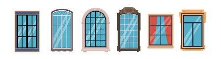 Wooden and plastic window frames. Office home or store different shapes windows collection, outdoor...