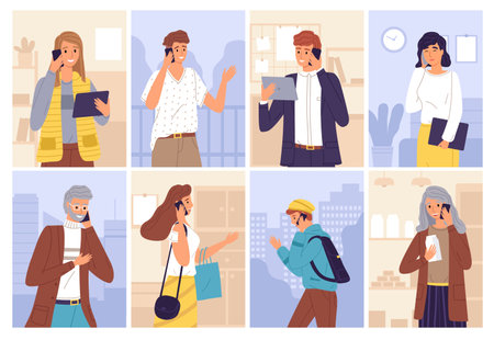 People talking phones. Women and men call with smartphones and type messages with gadgets, chatting and speaking characters, communication and conversation business. Social media cartoon vector setのイラスト素材