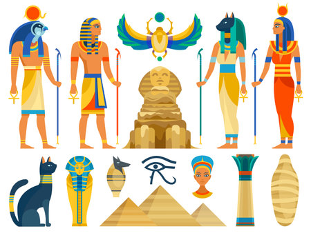 Ancient egypt. Egyptian culture symbols and sign collection. Gods and myth creatures, sacred animals, religion architecture and idols statues. Archeology monuments and pyramid flat vector isolated setのイラスト素材