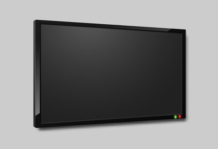 Tv screen angle view. Realistic lcd television black monitor, close up hanging horizontal on wall full hd monitor, blank digital led panel, modern widescreen vector single isolated electronics objectのイラスト素材