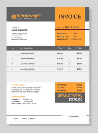 Invoice form. Work sales order template, paper sheet with table file, minimalist professional finance accounting bill, customizable company document design, office stationery vector illustrationのイラスト素材