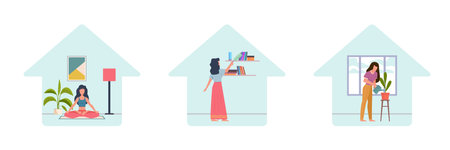 Stay home. Self isolation concept collection. Activities during coronavirus quarantine, meditation and yoga, housework and gardening, prevention covid-19 pandemic cartoon flat vector illustrationのイラスト素材