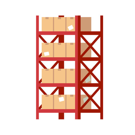 Warehouse shelves with boxes. Red metal rack with beige square cardboard closed parcels, packaging cargo storage and organization, industry shipment.のイラスト素材