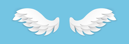 Paper cut wings. Origami flying angel wing, white feathers decoration of heaven bird, layered papercut design greeting card.のイラスト素材