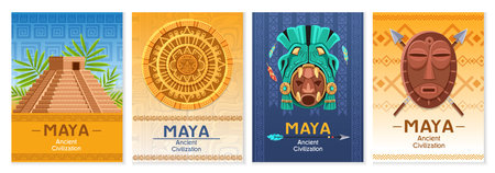 Maya ancient culture. Aztec and Inca civilization elements, archaeological finds, mexico architecture fragments. Religion masks and idols, pyramid and Mayan calendar cartoon vector colorful poster setのイラスト素材