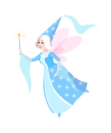 Fairy tales character. Cartoon woman in blue dress and cone hat with butterfly wings flying, sorceress with magic wand, fantasy creature witch, kids fairytale myth flat vector isolated illustrationのイラスト素材
