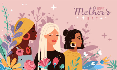 Mothers day. Women portraits with bouquets flowers, spring and love inspiration cartoon poster, multinational beautiful young moms.のイラスト素材