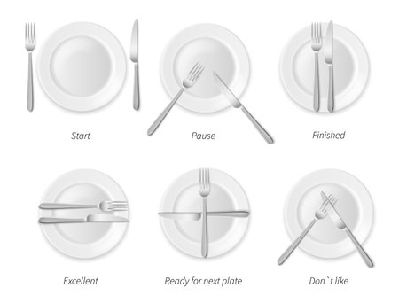 Dining etiquette. White porcelain plates with silverware, restaurant and cafes rules, top view cutlery positions set, forks and knives signals, signs to waiter.のイラスト素材