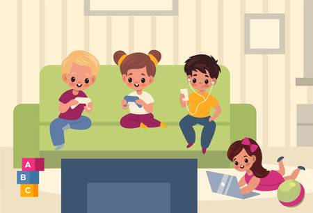 Children playroom. Kids with gadgets in room interior, boys and girls use means social communication, new generation digital lifestyle with smartphones and laptops.のイラスト素材