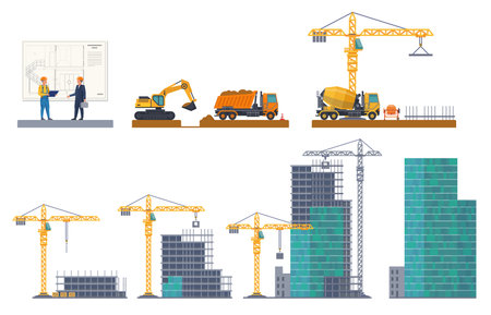 Building stages. House emergence, project discussion, pit digging, foundation pouring, frame construct, concrete panels. Machinery and equipment crane.のイラスト素材