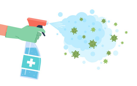 Disinfection coronavirus. Sprayed disinfectant kill bacteria and viruses, cleaning surface, hygienic protective cleaner, bacterial attack and prevention epidemic covid-19 vector flat cartoon concept.のイラスト素材