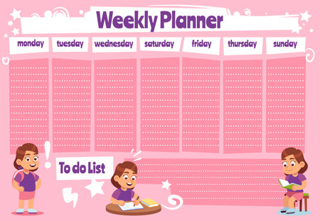 Weekly planner for kid. School calendar template, kids schedule and to do list for homework and notes, children time management vector pink notepaper.のイラスト素材