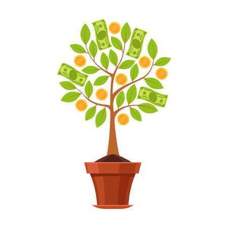 Financial plant. Green tree in flowerpot with leaves, business investment profit, saving and growing money. Wealth and success symbol vector flat cartoon conceptのイラスト素材