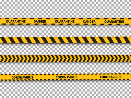Quarantine yellow and black stripes. Coronavirus stop danger tape, warning ribbons, attention covid-19 pandemic virus notification barrier, forbidden cross area vector on transparent background setのイラスト素材