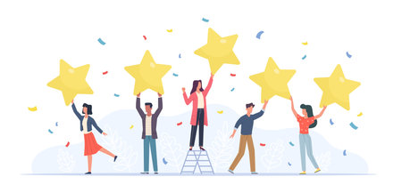 Tiny people with stars. Happy customers rate app, site or service. Small women and men give feedback online, clients product review, satisfaction rating social media survey vector flat cartoon conceptのイラスト素材