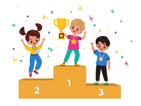 Kids winners. Winning podium with junior athletes, children with medals and gold cup, champions ranking first second and third place victory trophies gold silver and bronze vector cartoon flat conceptのイラスト素材