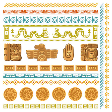 Maya civilization graphics patterns. Aztec decoration elements frames and borders, inca ancient art symbols and architecture fragments mexico traditional religion ornaments vector cartoon isolated setのイラスト素材
