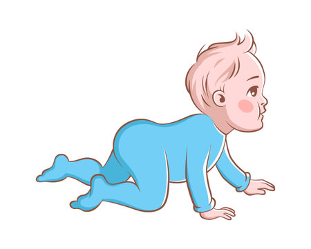 Happy baby boy. Crawling cartoon infant character in blue clothes, cute blond newborn son learning to crawl, active pose, happy adorable child vector single illustration isolated on white backgroundのイラスト素材