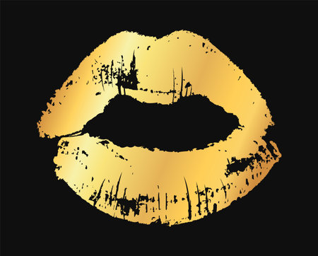 Gold lips. Golden metallic glamour lipstick kiss silhouette, female sexy fashion shine lip shape, beauty and cosmetics design element vector single texture illustration isolated on black backgroundのイラスト素材